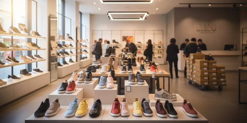 Mix de calçados em vitrine de loja
