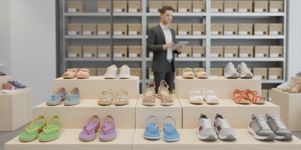 Chinelos e tênis em vitrine de loja