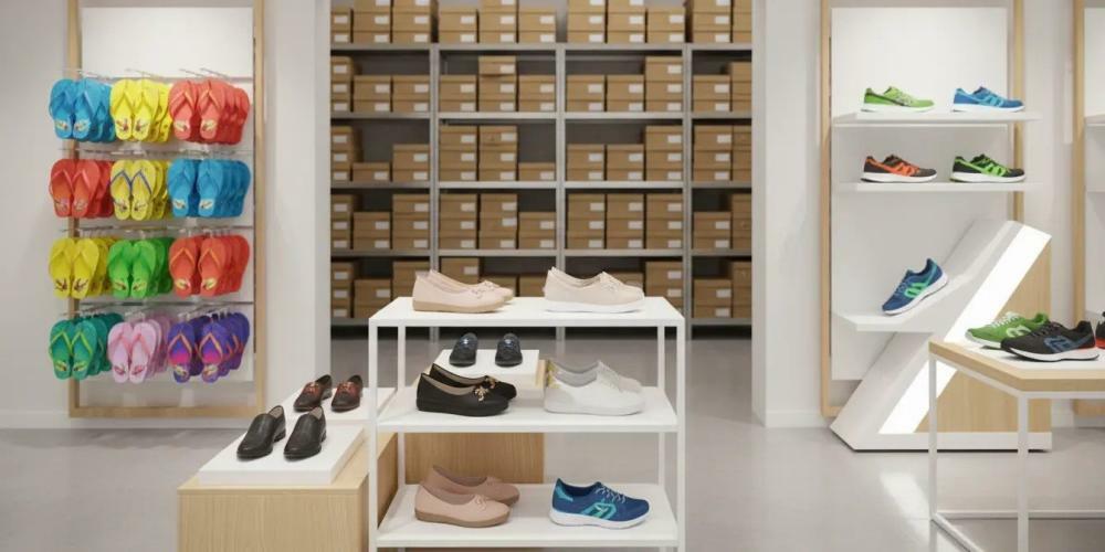 Tênis e chinelos em vitrine de loja