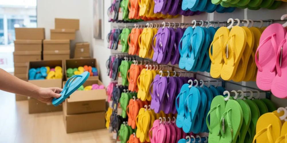 Havaiana azul na mão de cliente.