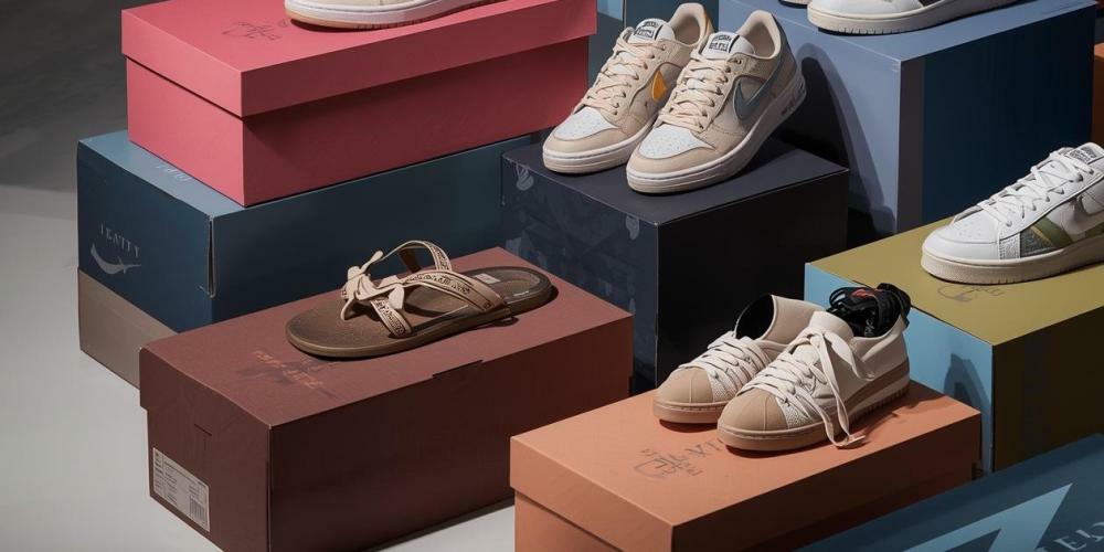 Chinelo e tênis em cima de caixas de sapato.